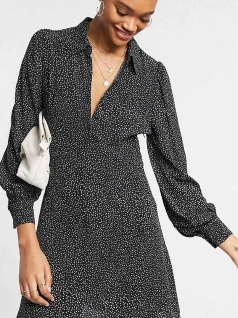 & Other Stories Women US 4 Black Polka Dot Shirt Mini Dress Puff Sleeve Chic